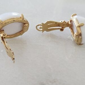 Vintage Marvella  Gold Tone and White Lucite Dome Clip Earrings